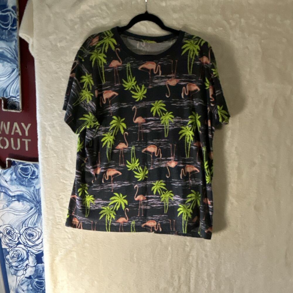 Flamingo Palm Tree T Shirt Mens XL Black Tropical‎ Beach AOP Graphic Tee